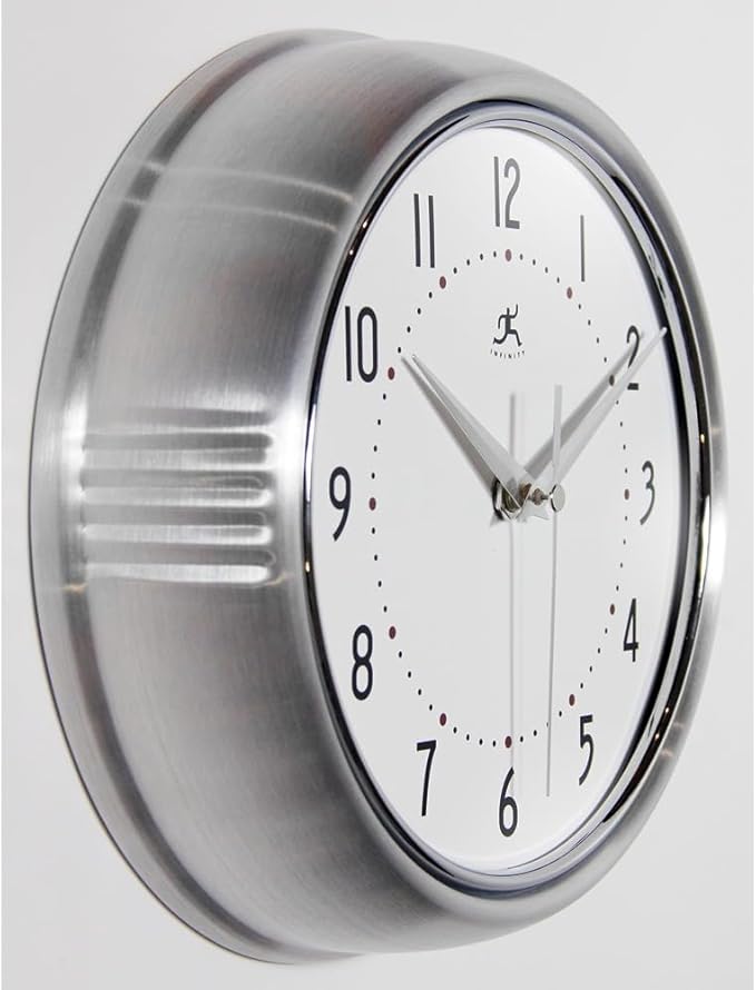 Infinity Instruments LTD. Retro 9 inch Silent Sweep Non-Ticking Mid Century Modern Kitchen Diner Wall Clock Quartz Movement Retro Wall Clock Decorative (Silver)…