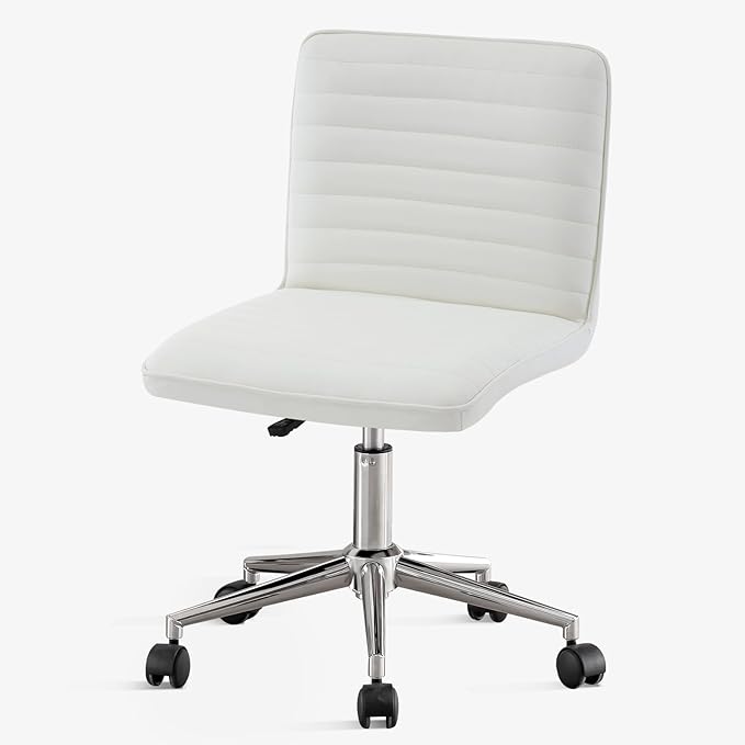 Furniliving PU Leather Home Office Chair, Armless Computer Desk Chair with 360° Swivel Wheels Adjustable Height Comfy Chrome Legs for Living Room Bedroom, Vanity, Office, Ivory White