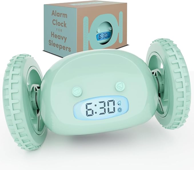 CLOCKY Extra Loud Alarm Clock for Heavy Sleepers on Wheels Rolls Runs Away Vibrating, Easy to Set Super Smart Snooze Digital Bed Shaker Alarm Clock Funny Gift for Adults Kids Teens Bedrooms (Mint)