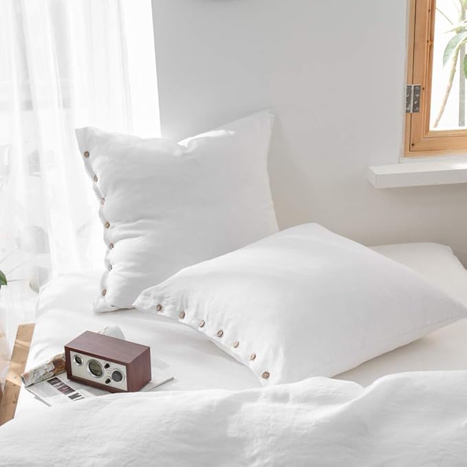 Simple&Opulence 100% Washed Linen Euro Sham Cover, 26 x 26 Inch, Decorative Bed Pillow Cover with Coconut Button, Solid Color Pillow Shams Set of 2 (White)