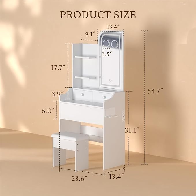 HOMEMORE Small Vanity Desk with Mirror and Lights, Makeup Vanity Desk with 3 Drawers & 3 Shelves, 2X & 5X Magnifying and Power Outlet, Dressing Table for Bedroom,White