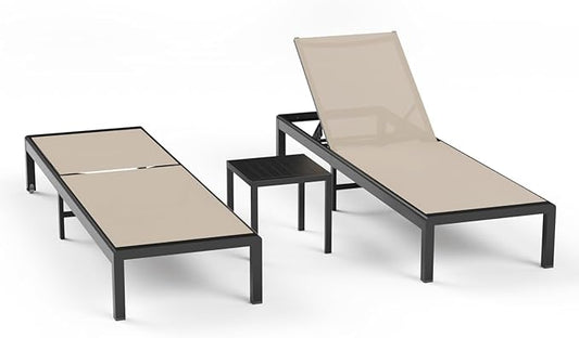 Aluminum Lounge Chairs Outdoor Chaise Furniture,2 Sets Patio Metal Deck Lounger Adjustable 5-Position Poolside Chase Recliner with Wheels for Beach,Coffee Table, (Khaki, 2 Chairs + Table)