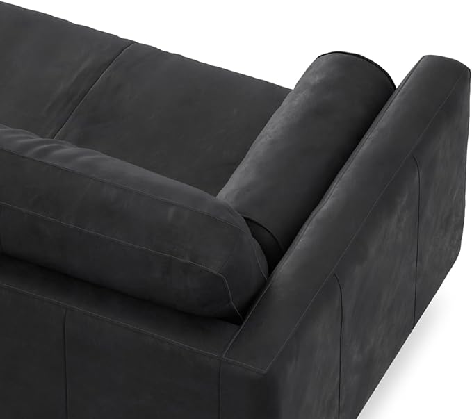 SIMPLIHOME Morrison 72-inch Wide Sofa in Lead Black Genuine Leather, Mid-Century Modern-Style Loveseat for Living Room, Single Bench Cushion, Removable Back Cushions, 2 Bolster Pillows
