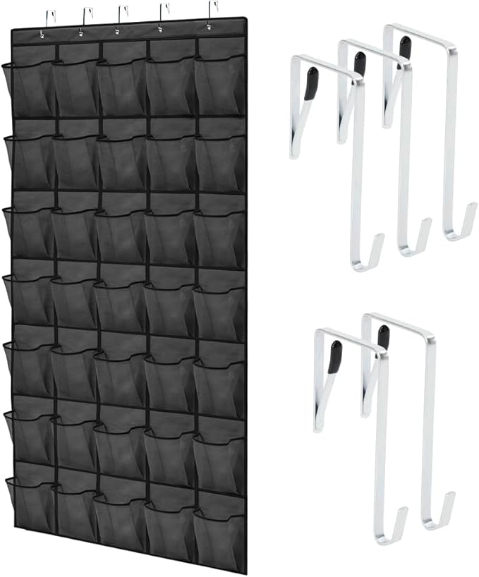 GORILLA GRIP Over the Door Shoe Organizer, 35 Large Breathable Mesh Pockets, Space Saving Hanging Storage Holder, 5 Hook Closet Rack Hanger, Hangs on Closets for Shoes, Accessories 68.5H x 24.5W Black