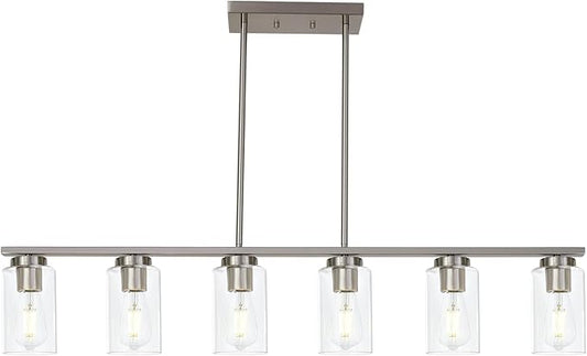 6-Light Kitchen Island Lighting with Clear Glass Shades, Modern Linear Pendant Light Fixture for Dining Room Pool Table, Brushed Nickel Finish