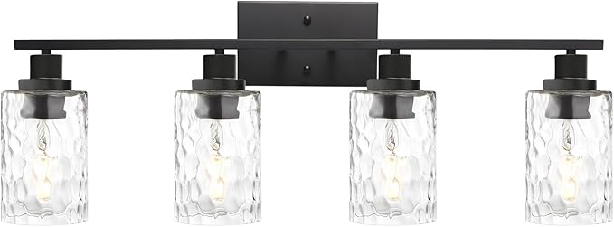 MELUCEE Wall Light Fixture, 4-Light Black Bathroom Vanity Light Over Mirror with Clear Hammered Glass, Modern Wall Sconces Lamp for Powder Room Bedroom Kitchen Porch (Patent No.: US D963914 S)