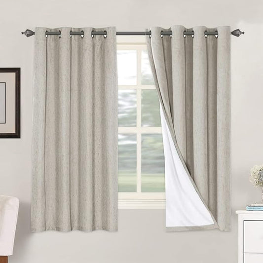 H.VERSAILTEX Linen Blackout Curtains 63 Inches Long 100% Absolutely Blackout Thermal Insulated Textured Linen Look Curtain Draperies Anti-Rust Grommet, Energy Saving with White Liner, 2 Panels, Stone