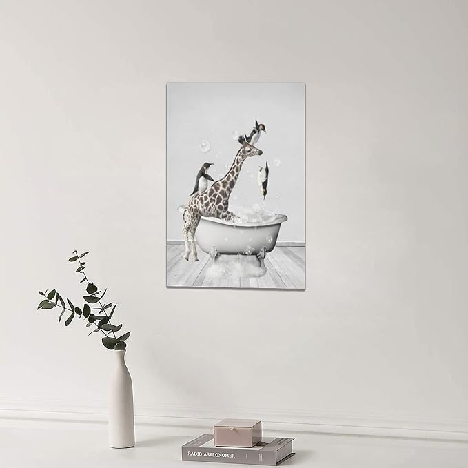 Funny Wall Art Giraffe and Penguin Bathroom Pictures for Kids - Animals in Bathtub Canvas Prints Artwork - Home Decorations for Bathroom, Bedroom, Toilet - Framed