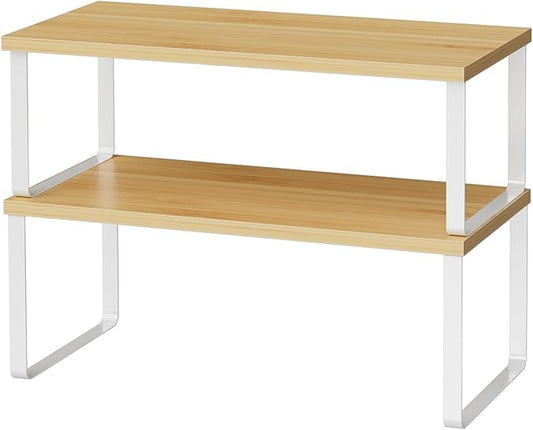 Cabinet Shelf Organizers, 15.7 inches Large Kitchen Counter Shelf, Set of 2 Wood Kitchen Pantry Organizer, Storage Shelves for Countertop, Spice Rack, Stackable, Expandable, Metal White, Nature