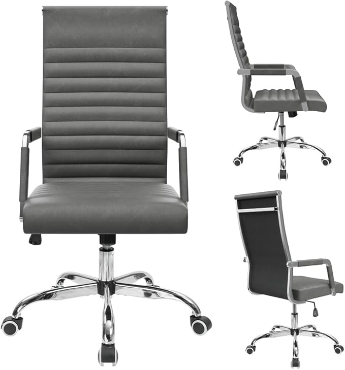 Furmax Ribbed Office Desk Chair Mid-Back PU Leather Executive Conference Task Chair Adjustable Swivel Chair with Arms (Bicolor Vintage Grey)