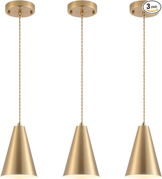 Gold Pendant Lights Kitchen Island,Dining Room Light Fixtures Over Table 3 Pack with Brushed Brass Cone Metal Shade, Modern Farmhouse Mini Chandeliers,Adjustable Cord Hanging Lighting for Bar,Sink