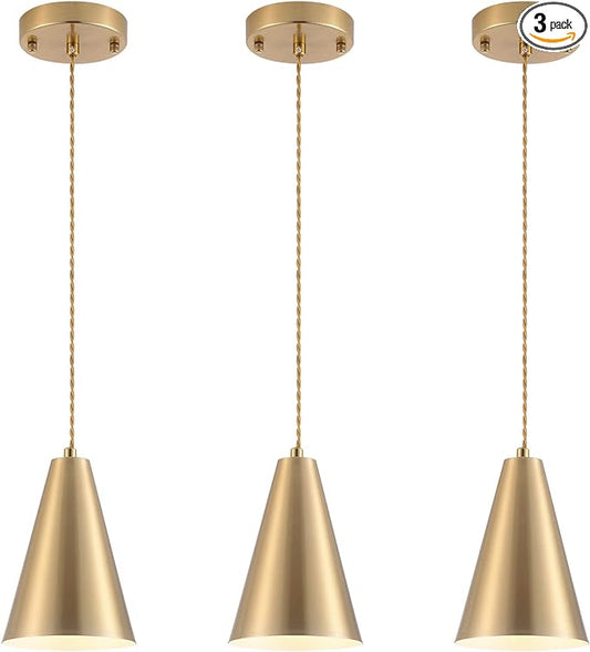 Gold Pendant Lights Kitchen Island,Dining Room Light Fixtures Over Table 3 Pack with Brushed Brass Cone Metal Shade, Modern Farmhouse Mini Chandeliers,Adjustable Cord Hanging Lighting for Bar,Sink