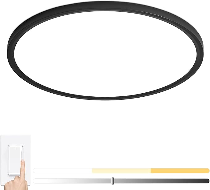 20 Inch Dimmable LED Ceiling Light Fixture, Ultra Thin Flush Mount, 40W 4000Lumen, 3 Color Changeable, Round, Black, for Dining Room, Kitchen, Bedroom, Office, Hotel