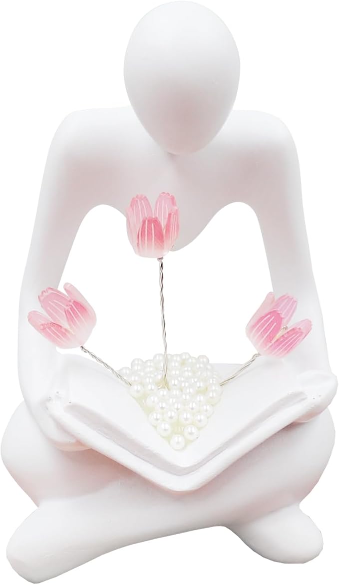 Reading Women Statue with Tulip Lamp, Thinker Sculptures with Night Light, Abstract Art Ornament, Modern Aesthetic Figurine Decoration for Home Living Room Bedroom Office Table Desk Bookshelf Decor