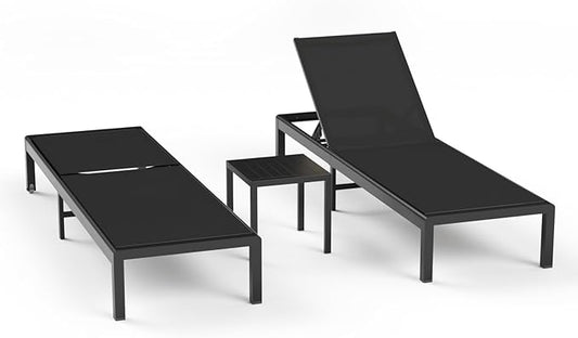 Aluminum Lounge Chairs Outdoor Chaise Furniture,2 Sets Patio Metal Deck Lounger Adjustable 5-Position Poolside Chase Recliner with Wheels for Beach,Coffee Table, (Black, 2 Chairs + Table)