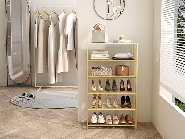HOMEFORT Shoe Rack 6-Tier, Shoe Storage Shelf, Industrial Shoe Tower, Narrow Shoe Organizer for Closet Entryway, Small Shoe Rack Table with Durable Metal Shelves,Gold