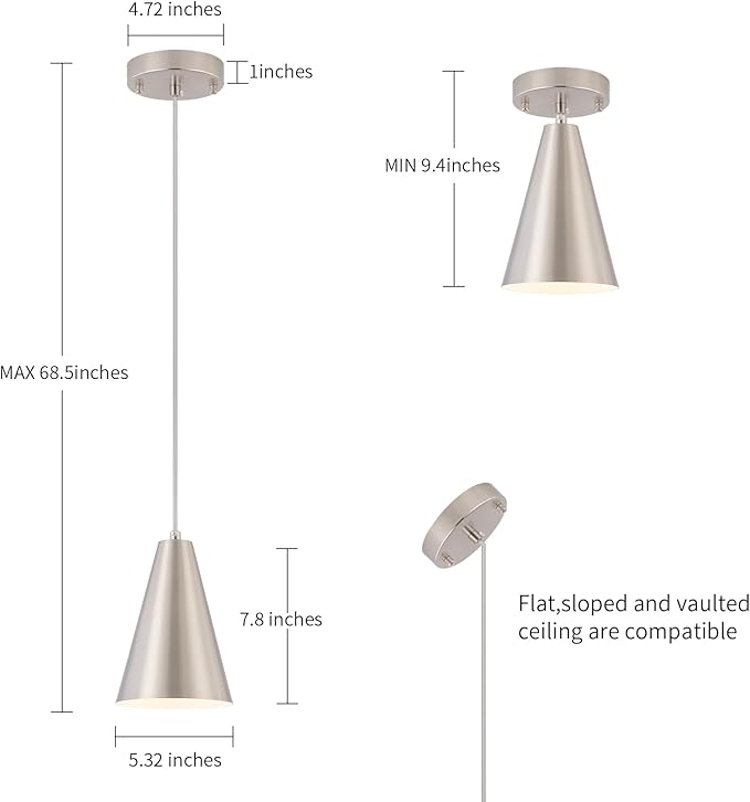 Brushed Nickel Pendant Lights Kitchen Island,Dining Room Light Fixtures Over Table 3 Pack with Silver Cone Metal Shade, Modern Farmhouse Small Chandeliers,Adjustable Cord Hanging Lighting for Sink