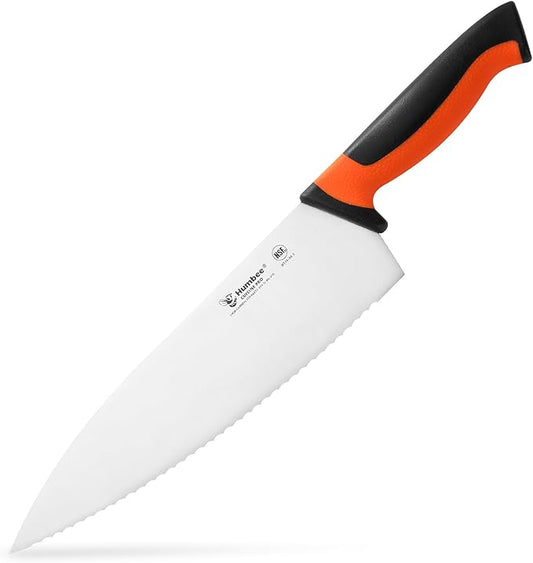 10 Inch Professional Chef Knife with Ergonomic Handle – NSF Certified Stainless Steel Kitchen Knife, Serrated Wave Teeth, Durable and Sharp Blade, DT 11 Series, Orange