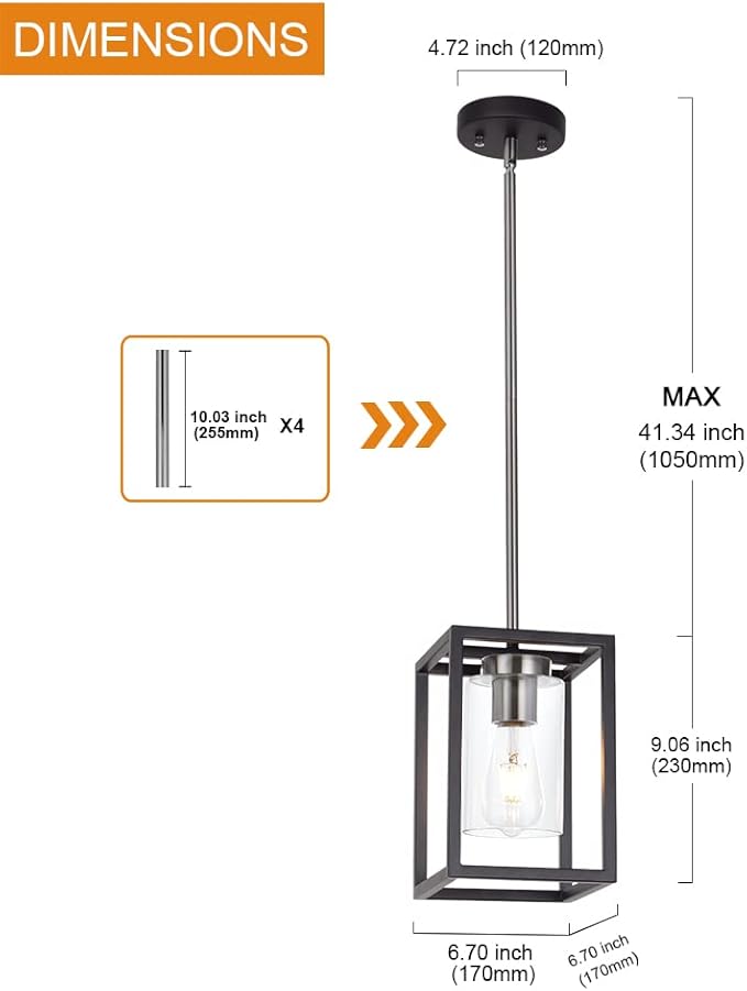 VINLUZ Single 1 Light Black and Brushed Nickel Modern Glass Pendant Light Industrial Modern Metal Chandelier with Clear Glass Shade for Dining Room Kitchen Island Foyer Cafe