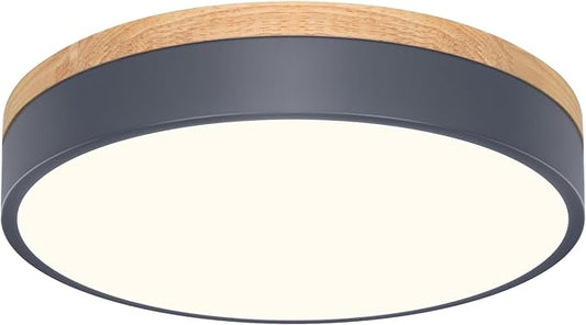 Modern Dimmable LED Close to Ceiling Light Minimalist Wood Oak Flush Mount Ceiling Light Fixture with Lampshade for Bedroom Living Room Bathroom Laundry Room (Grey-Dimmable, 11.8''/30cm)