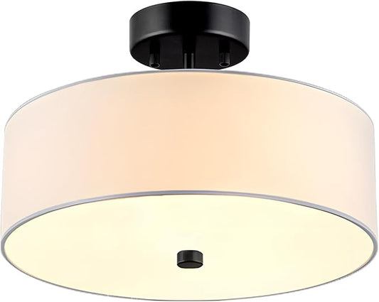3-Light Semi Flush Mount Ceiling Light Fixture, 13" Black Drum Light, Modern Close to Ceiling Light with White Fabric Shade Lamps for Bedroom Living Dining Room Kitchen Hallway Entryway