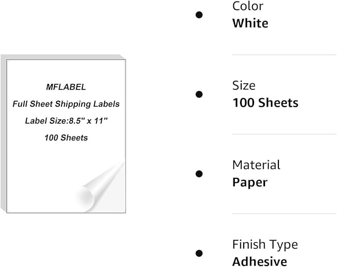 MFLABEL Full Sheet Sticker Label, Address Sticker, White Matte Label Paper, 8-1/2" x 11" Shipping Labels for Laser & Inkjet Printer (800 Labels, 800 Sheets)