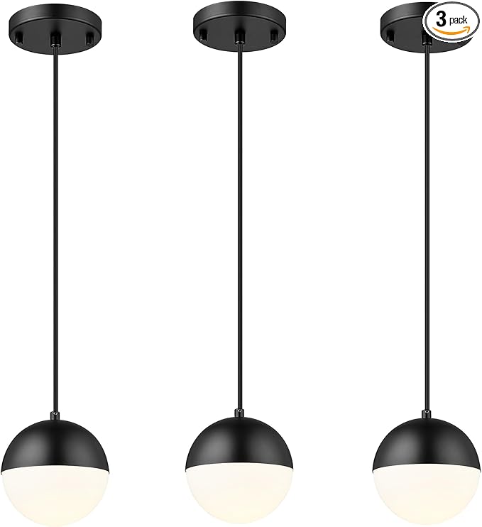 LMS Mid Century Pendant Lights, Matte Black Kitchen Island Light Fixtures with White Globe Glass Shade, Adjustable Hanging Cord, 3 Pack for Home Office Dining Room Bathroom, LMS-186PL-BKWS3PK
