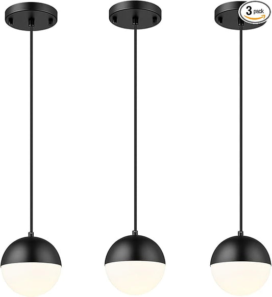 LMS Mid Century Pendant Lights, Matte Black Kitchen Island Light Fixtures with White Globe Glass Shade, Adjustable Hanging Cord, 3 Pack for Home Office Dining Room Bathroom, LMS-186PL-BKWS3PK