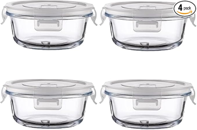4Pack Round Glass Food Storage Containers With Lids, 1.5 Cup Round Meal Prep Bowls With Lids BPA-Free, Small Glass Food Containers for Soup Leftover, Microwave, Dishwasher, Freezer Safe