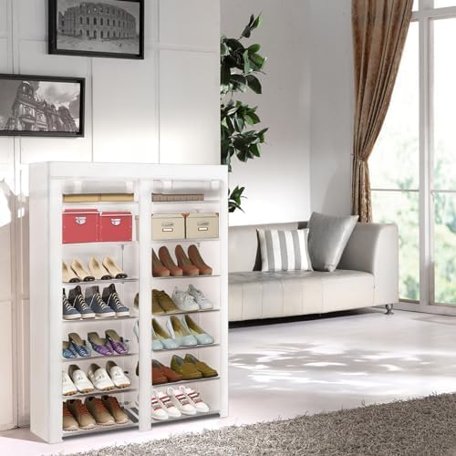 ERONE Shoe Rack Storage Organize, 28 Pairs Portable Double Row with Nonwoven Fabric Cover Shoe Shelf Cabinet for Closet (White)