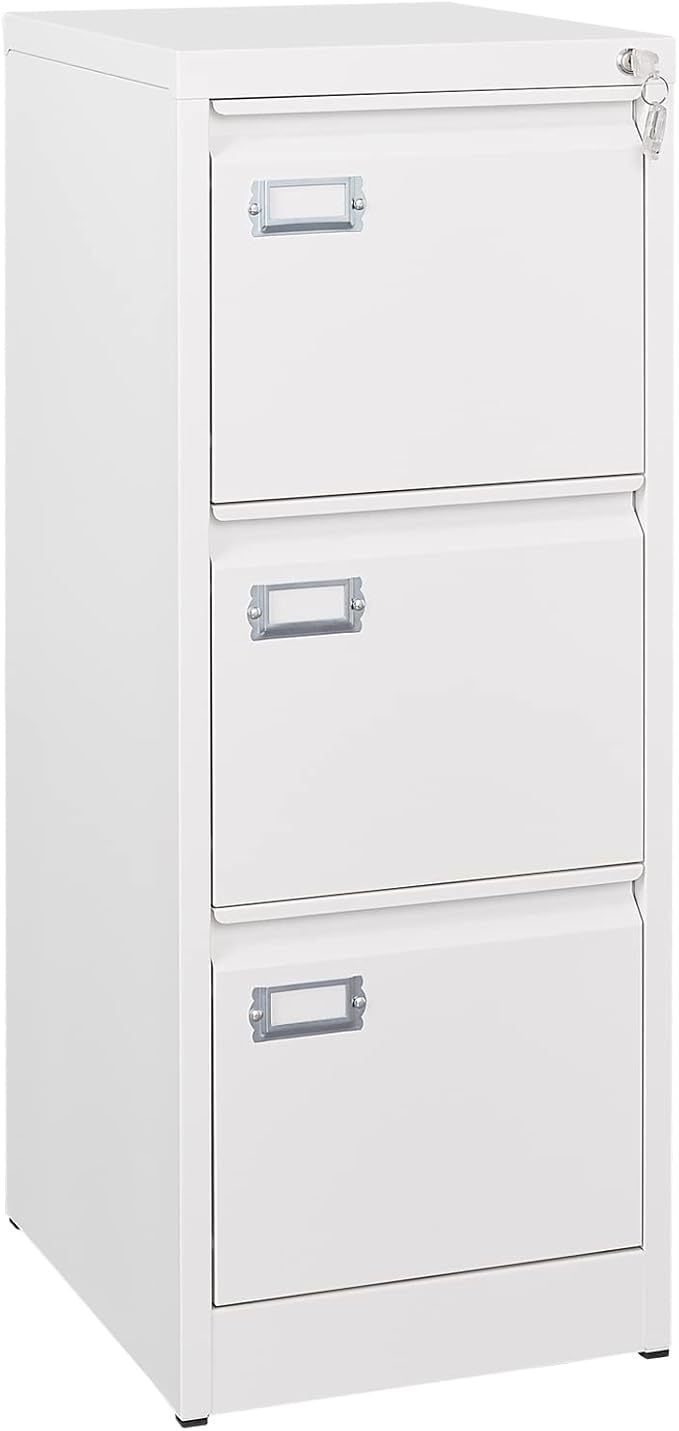 3-Drawer File Cabinet with Lock, 16.3" Deep Vertical Filing Cabinets, Metal File Cabinets for Home Office, Anti-Tip 3 Storage Drawers for Letter/Legal/A4/F4 Size (Assemble Required, White)