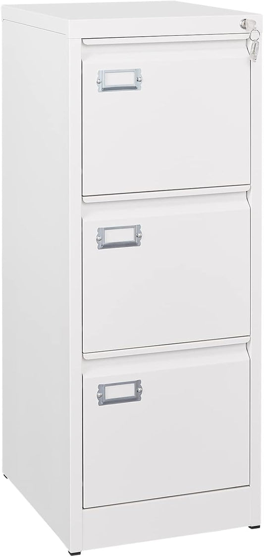 3-Drawer File Cabinet with Lock, 16.3" Deep Vertical Filing Cabinets, Metal File Cabinets for Home Office, Anti-Tip 3 Storage Drawers for Letter/Legal/A4/F4 Size (Assemble Required, White)