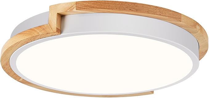 Modern LED Close to Ceiling Light, Round Shape Flush Mount Ceiling Lighting Fixture, Matte White with Wood Accent, Minimalist Kitchen Light Fixtures for Bedroom, Entryway, Laundry Room, 11.8in