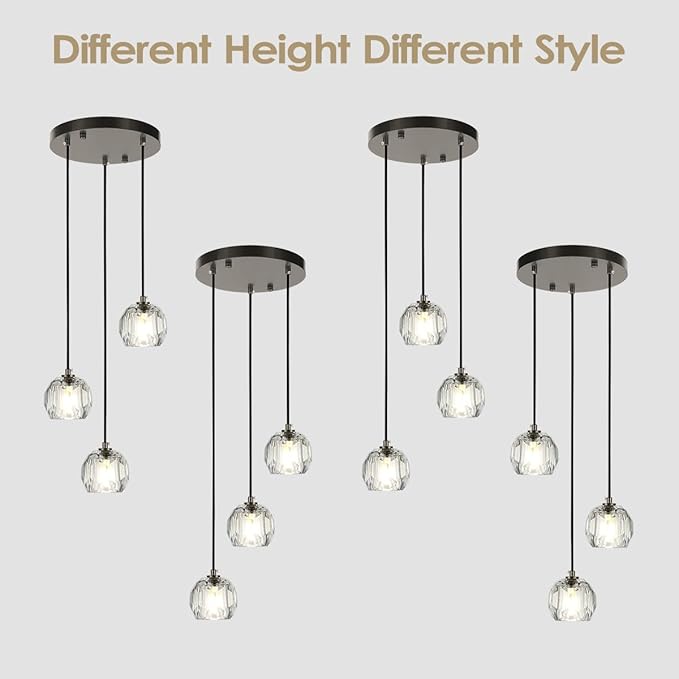 3 Lights Pendant Lighting, Brushed Black Cluster Pendant Light Kitchen Island, Cut Crystal Pendant Light Fixture Hanging Lights for Dining Room Foyer Bathroom