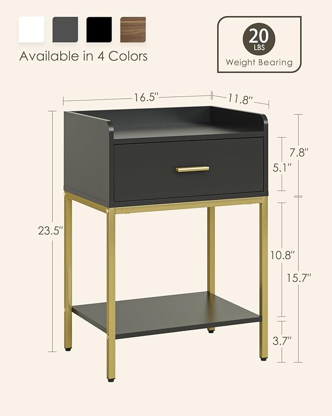 Masupu Nightstand,Bedside Table 3-Tier Modern Night Stand with Storage Drawer and Shelf,Small End Side Table for Bedroom,Living Room,Black (Without Outlet, Black)