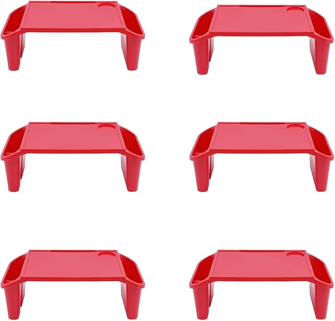 6 Pcs Kids Lap Desk Tray, Plastic Breakfast Lap Desk Trays with Side Pockets and Slot, Portable Lap Table Snack Tray for Eating, Writing, Drawing, Game, 19.69" L x 9.84" W x 7.1" H (Red*6)