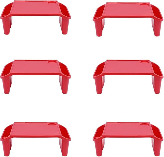 6 Pcs Kids Lap Desk Tray, Plastic Breakfast Lap Desk Trays with Side Pockets and Slot, Portable Lap Table Snack Tray for Eating, Writing, Drawing, Game, 19.69" L x 9.84" W x 7.1" H (Red*6)