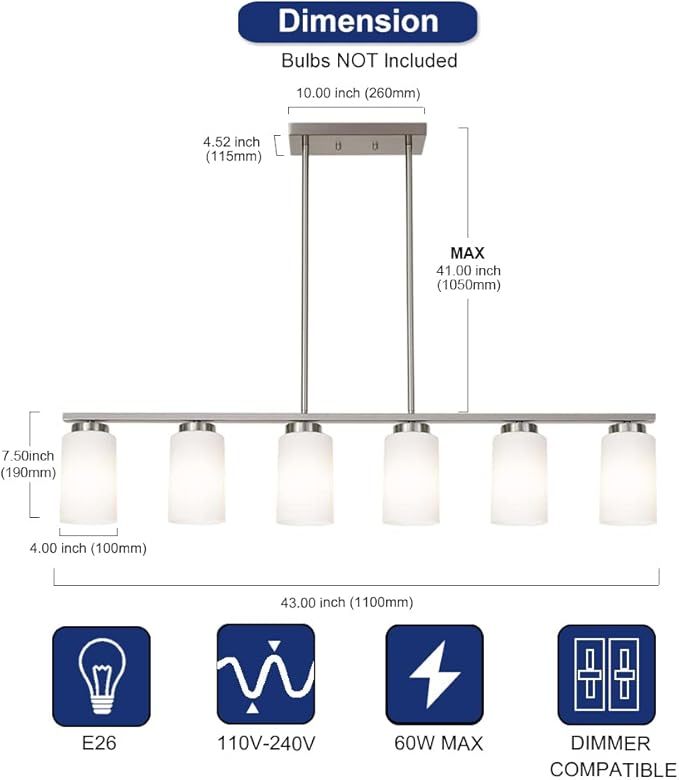 6-Lights Farmhouse Pendant Light Fixture Kitchen Island Lights with Opal White Glass Shade, Hanging Ceiling Light in Brushes Nickel for Dining Room Home Lighting