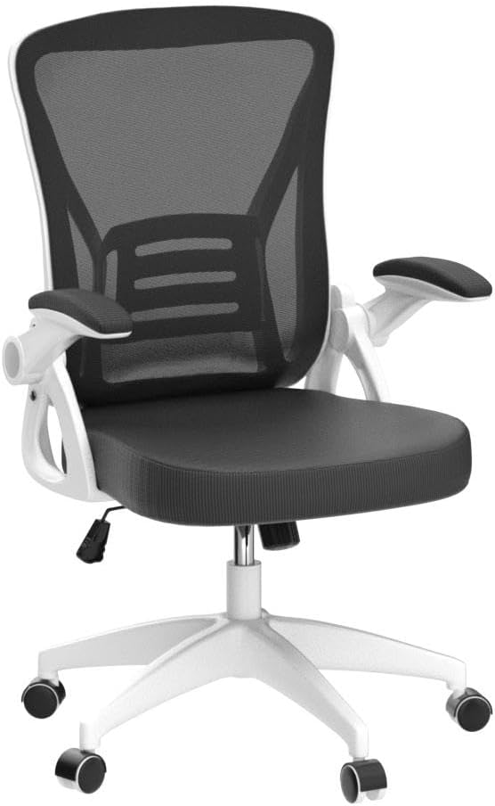 naspaluro Ergonomic Office Chair, Mid-Back Computer Chair with Adjustable Height, Flip-Up Arms and Lumbar Support, Breathable Bright White Mesh Desk Chair for Home Study Working