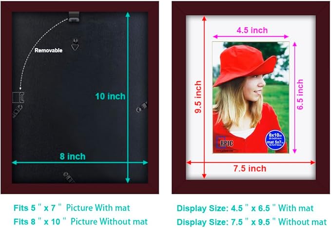 RPJC 8x10 inch Picture Frame Made of Solid Wood and High Definition Glass Display Pictures 5x7 with Mat or 8x10 Without Mat for Wall Mounting Photo Frame Dark Brown