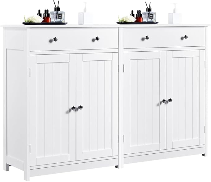 Yaheetech Set of 2 Bathroom Storage Cabinet with 1 Drawer and 2 Doors, Freestanding Entryway Storage Unit with Adjustable Shelf, Home Organizer for Entryway, Living Room, White