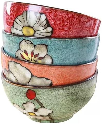 Ceramic Bowls For Kitchen, 28oz - Bowl Set of 4 - For Cereal, Salad, Pasta, Soup, Ramen, Serving etc - Dishwasher, Microwave, and Oven Safe - For Breakfast, Lunch and Dinner (Blue+Red+Green+Pink)