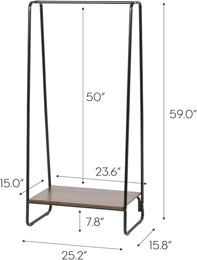 IRIS USA Clothes Rack for Hanging Clothes with Bottom Wood Shelf, Freestanding Clothing Rack, Easy to Assemble Garment Rack, Metal, Sturdy Design, Multipurpose, Small Space Storage Solution, Black