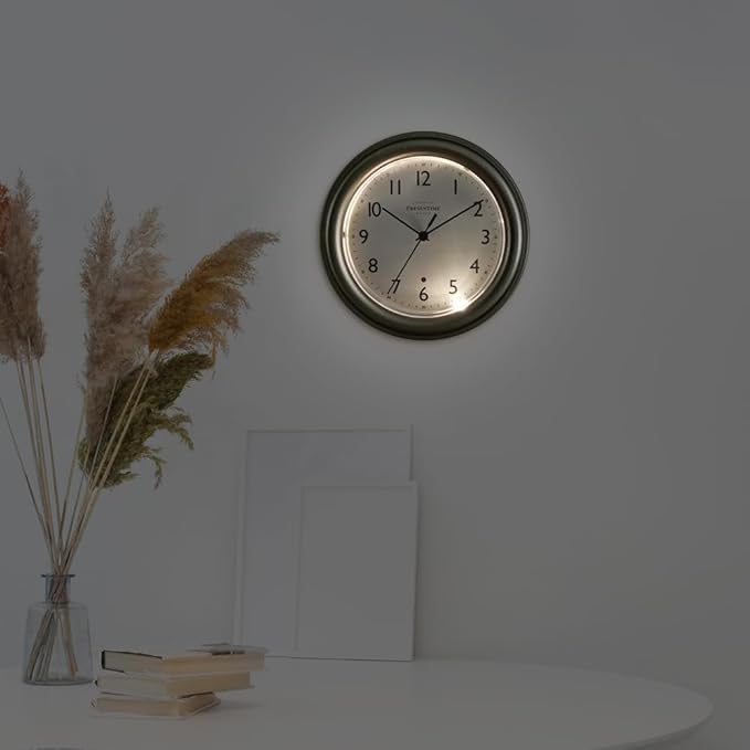 Presentime & Co. 8.5" Modern Farmhouse Night Light Wall Clock, Silent Non Ticking, Silver Color. (Luminous Wall Clock for Office, Home, Bathroom, Kitchen, Bedroom, and School)