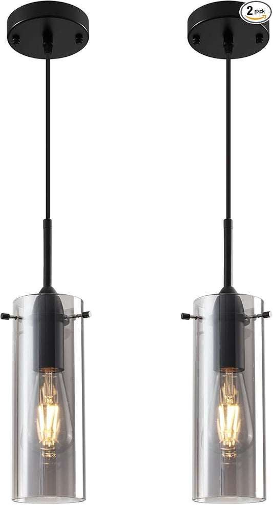 Smoke Gray Glass Pendant Light Kitchen Island, Kitchen Island Lights Ceiling Hanging, Kitchen Pendant Lights 2 Pack, Modern Clear Hanging Pendant Light for Kitchen, Living Room, Bathroom