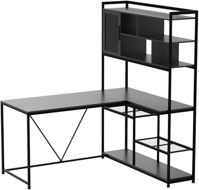 SEDETA L Shaped Computer Desk, 58'' Office Desk with LED Light and Bookshelf, L Shaped Corner Desk with Storage Shelves for Home Office, Gaming Desk, L Desk, Black