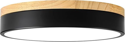 Dimmable Wood LED Ceiling Light, 5CCT 2700K-6000K Modern Black Flush Mount Ceiling Light, Minimalist Round Close to Ceiling Light Fixture for Bedroom, Kitchen, Laundry Room, Hallway, 11.81in