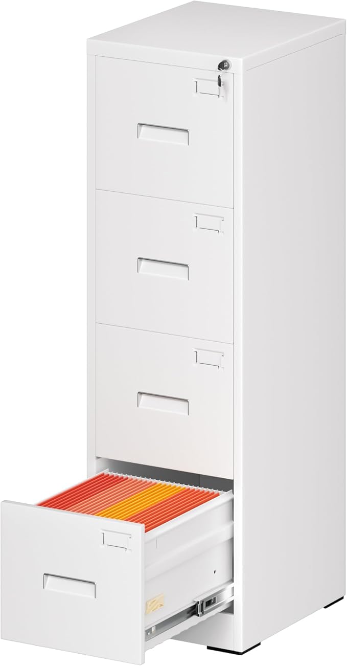 Greenvelly 4 Drawer File Cabinet with Lock, White Metal Vertical Filing Cabinet for Home Office Fit Legal/Letter/A4/F4 Size with Hanging Bars&Key