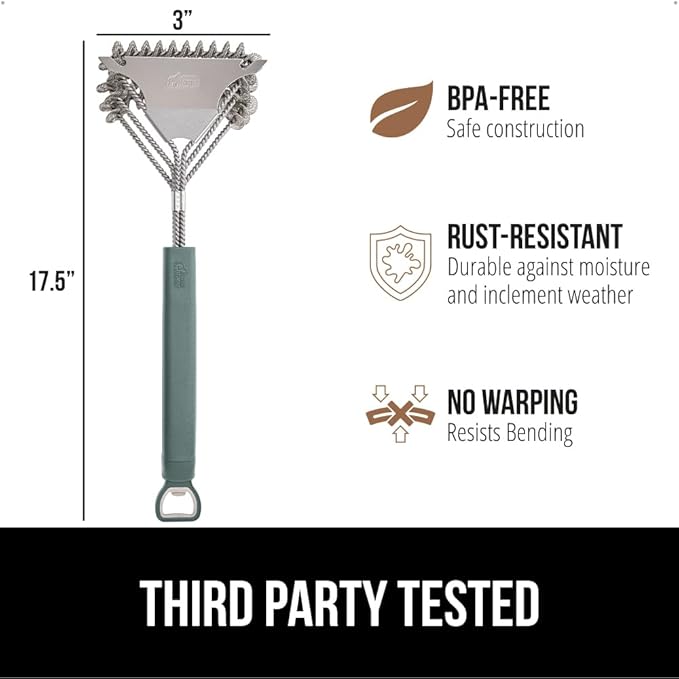GORILLA GRIP Heavy Duty No Bristle Triple Helix Grill Brush with Scraper for Outdoor Grills, Safe Steam Cleaning, Oversized Comfortable Handle Grip with Bottle Opener, BBQ Tools, 17.5 Inch, Green