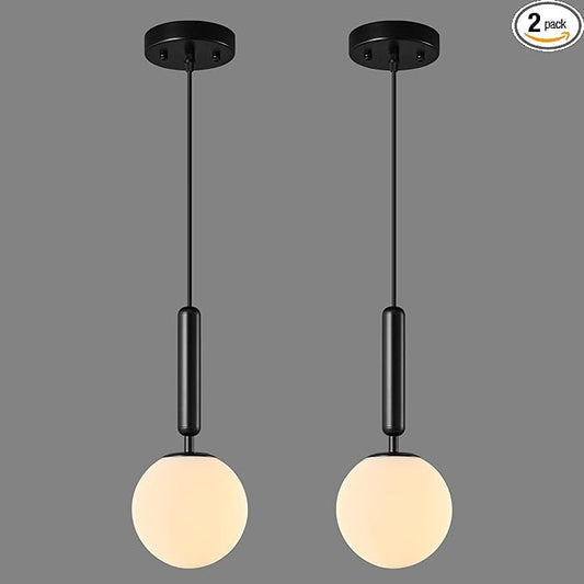 Modern Hanging Light Fixture Pendant Lighting for Kitchen Island Mid Century Black Pendant Lights with Globe Milky White Glass Pendant Light for Bedroom Bathroom Entryway (2 Pack)